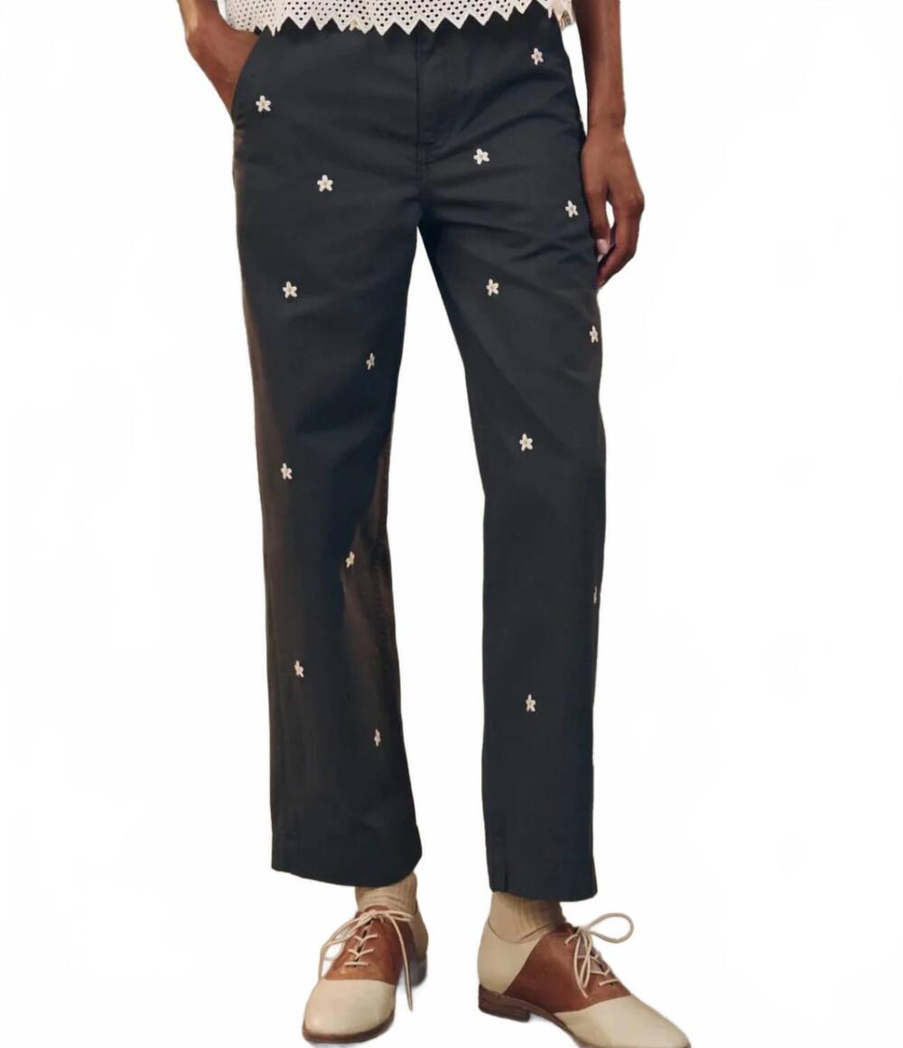 NEW THE GREAT. garage pants with daisy embroidery in blue slate
